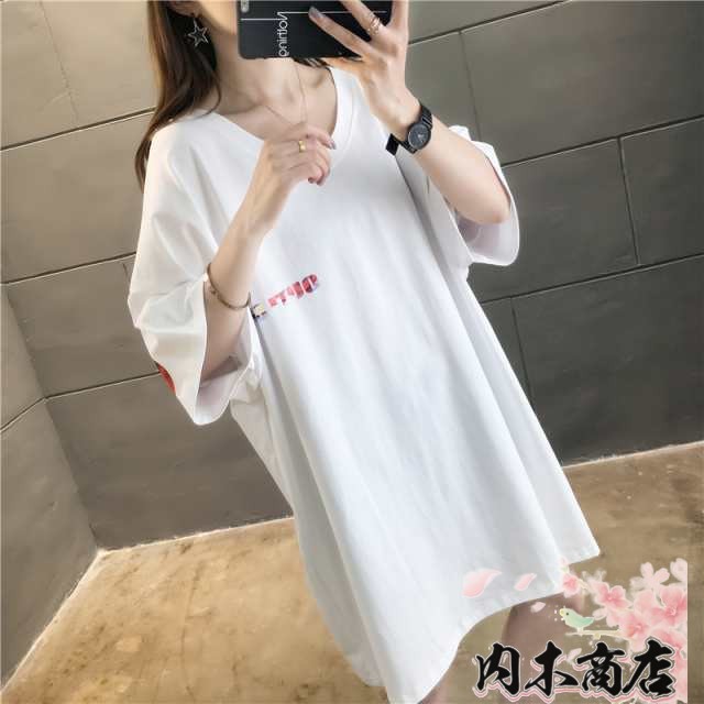 Tシャツ レディース トップス カットソー M L XL 2XL ブラック 黒 ホワイト 白 大人カラー ロゴ プリント ワンポイント バックプリント 春 夏 Vネック 半袖 5分袖 五分袖 ドロップ