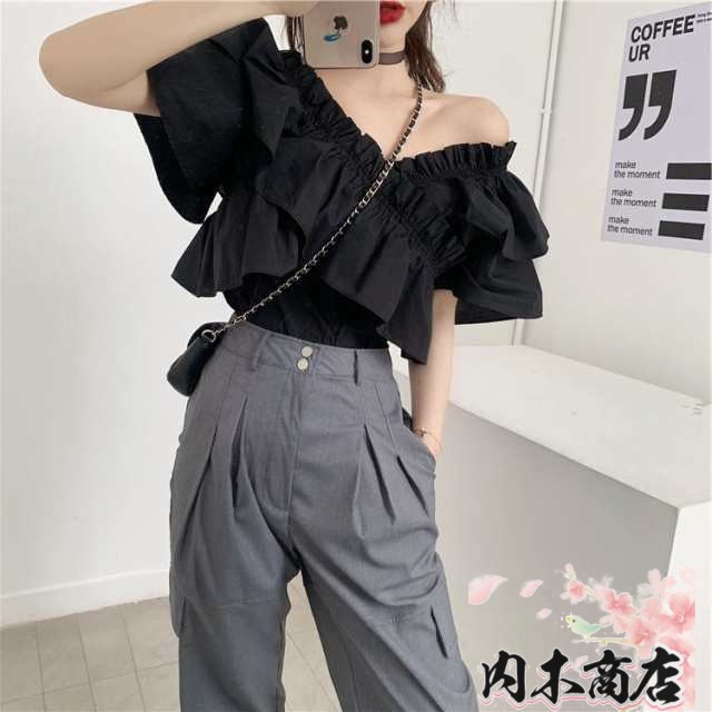 ブラウス レディース トップス カットソー シャツ M L XL ブラック 黒 大人カラー モノトーン 春 夏 無地 ショート丈 ショート コンパクト オフショルダー フリル 半袖 Vネック フェミニ