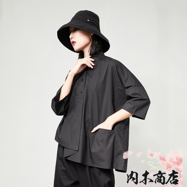 シャツ レディース トップス ブラウス M L ブラック 黒 ホワイト 白 大人カラー モノトーン 無地 ポケット アシンメトリー ショート丈 ショート 春 夏 五分袖 5分袖 襟付き ママ フェミニ