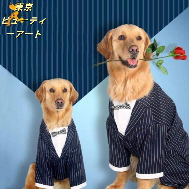 犬服 洋服 紳士 ドッグウェア タキシード ストライプ フォームスーツ 新郎 リボン ネックレス 中型犬 大型犬 結婚式 お祝い 記念パーティー 制服