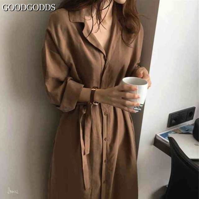 シャツ ワンピース ロング シャツ レディース 羽織 薄手 薄い 長袖 袖あり 襟付き 開襟 Vネック スーツ襟 ハイウエスト 腰紐 ウエストリボン フロントボタン 大人 シンプル ゆったり ルーズ 
