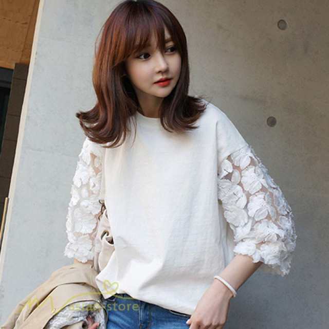tシャツ Tシャツ レディース 七分袖 夏物 トップス レース切り替え 丸首 黒 白 可愛い 20代30代 夏ティー 40代50代60代 通学通勤 シャツ カジュアル