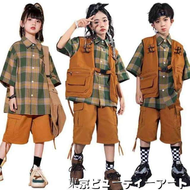 チェック チェック柄 格子柄 ブラウン シャツ ベスト パンツ キッズダンス衣装 セットアップ 衣装 韓国 女の子 ヒップホップ 衣装 ダンス 子供 半袖 ダンスウェア チアガール 応援団 派手 トッ