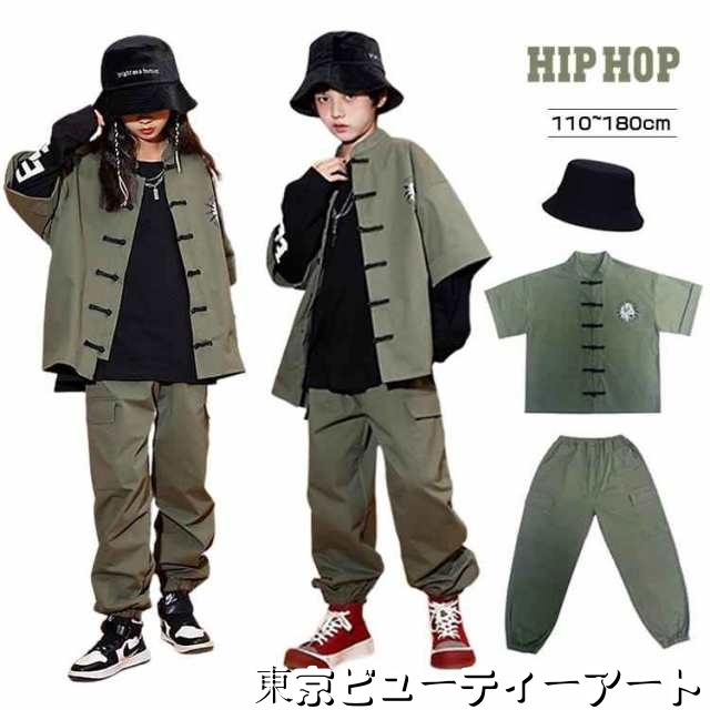 龍柄 キッズダンス衣装 セットアップ 子供服 男の子 女の子 トップス 緑 シャツ 5分袖 ドラゴン プリント ヒップホップ キッズ ダンス 衣装 セット パンツ ロング丈 カジュアルパンツ 緑 グリ