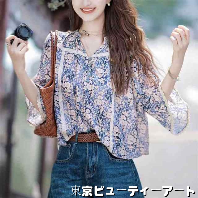 ブラウス レディース きれいめ 40代 春夏 オシャレブラウス Vネック 七分袖トップス 花柄 上品 大人 通勤OL ゆったり シャツ30代 50代