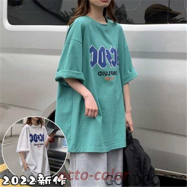 tシャツ レディース 夏 半袖 韓国 ロゴ カットソー Uネック トップス ゆるTシャツ 丸首 プルオーバー カジュアル ロゴ プリント ホワイト 白 グレー グリーン
